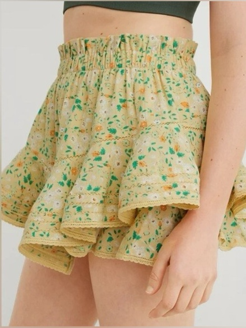 Aerie Yellow Floral Rock N’ Ruffle Tiered Mini Skirt Skort Sz S Boho Western